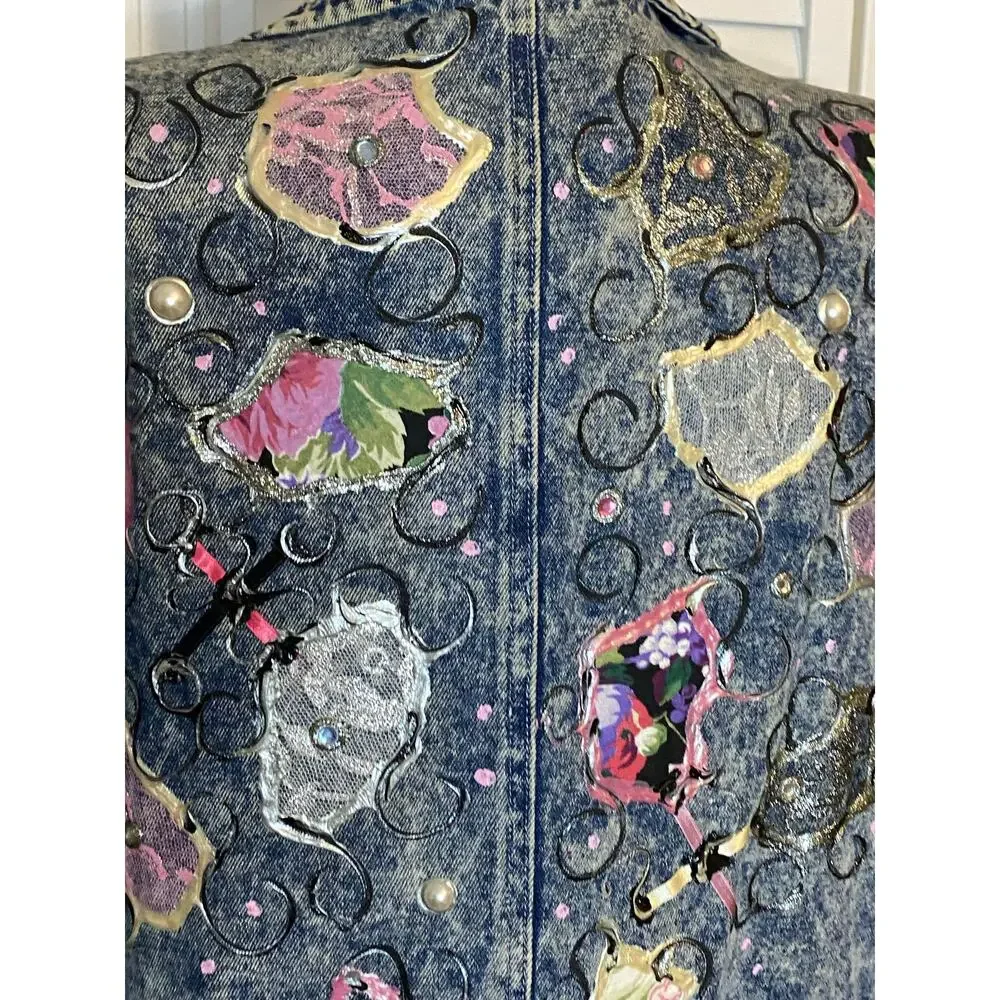 Vtg Acid Wash‎ Denim embellished Benningtons New York Duster Trench 80s M